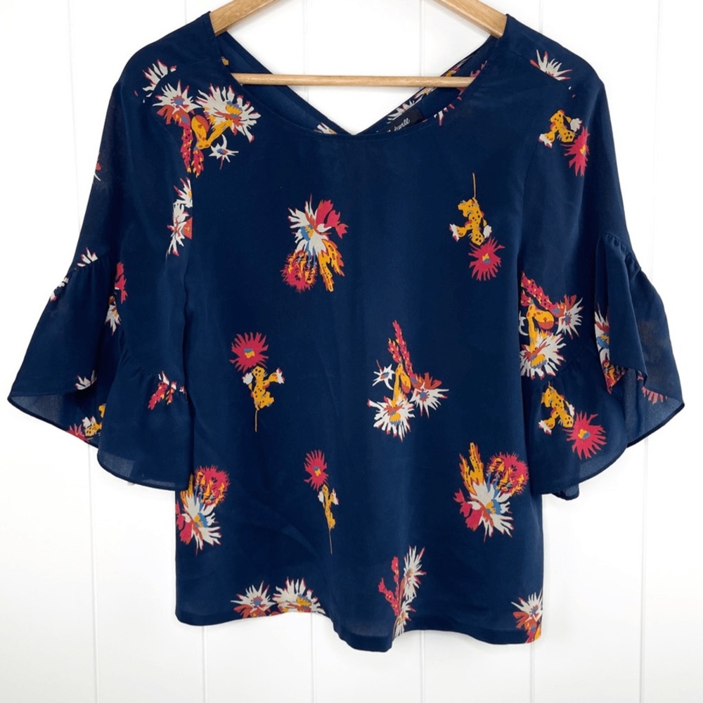 MADEWELL Silk Ruffle Sleeve Top in Cactus Flower Deep Navy Size S